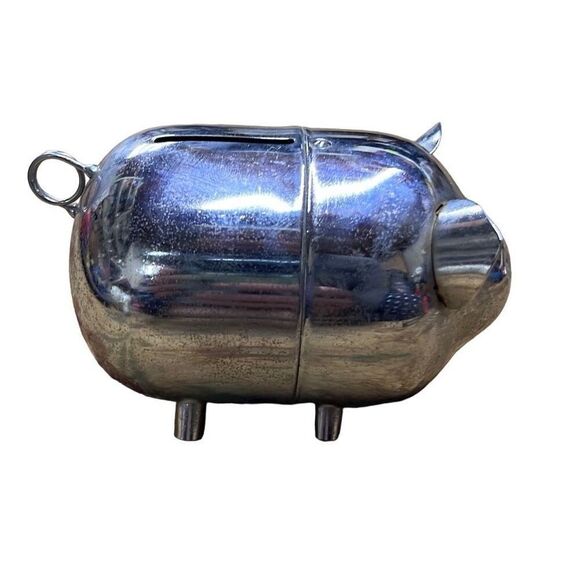 Silver Vintage Metal Tin Chrome Small Piggy Bank 4" - Picture 4 of 7
